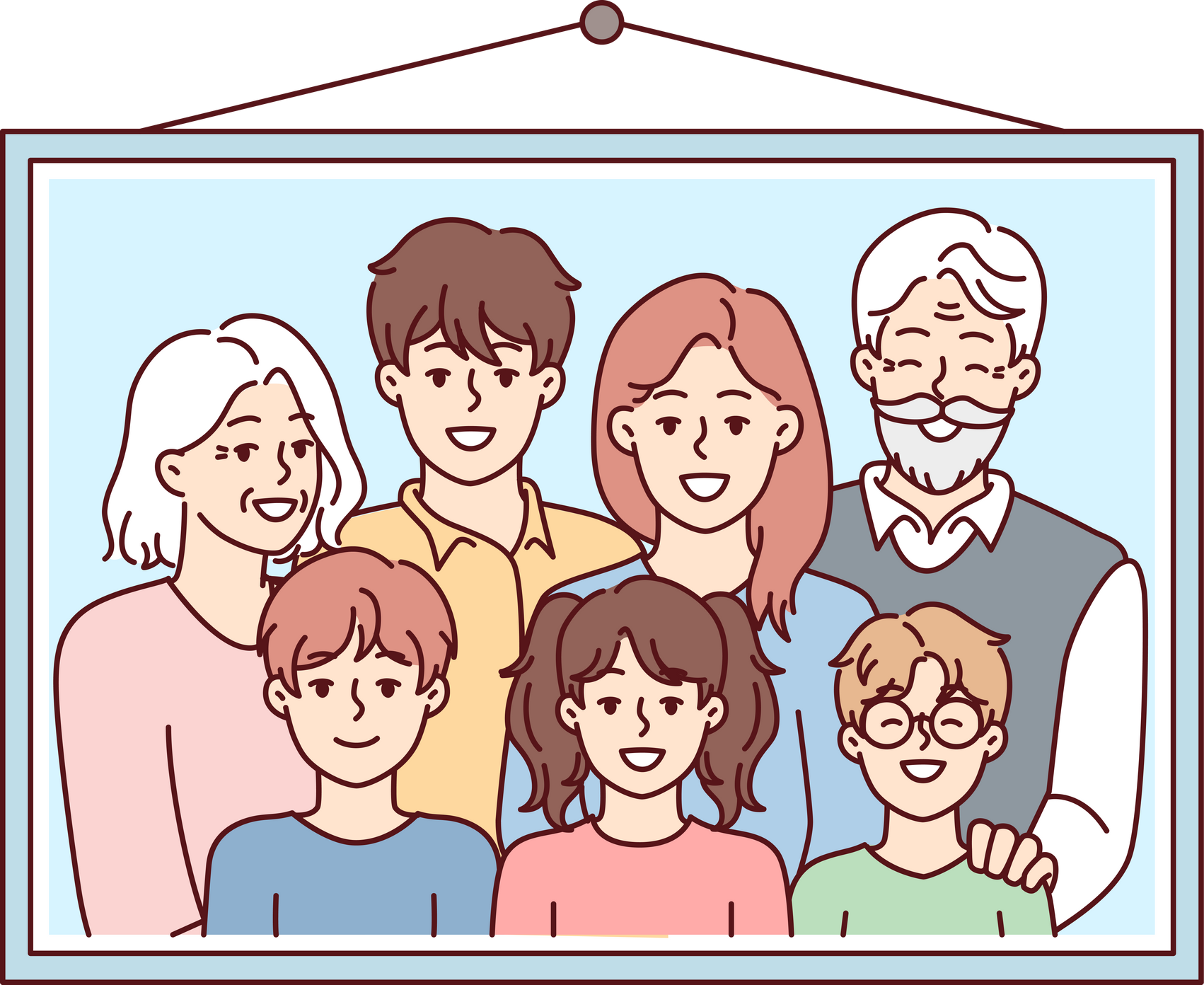 Family Photo Portrait in Frame with Children and Gray-Haired Grandparents on Wall. Vector Image